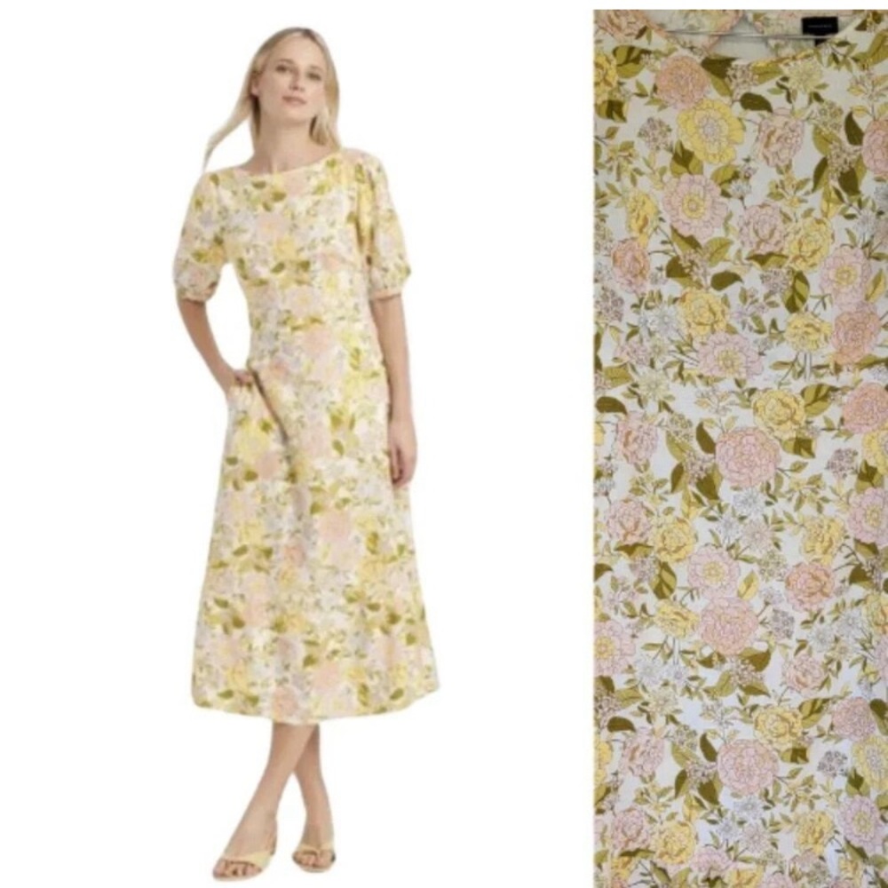 Who What Wear Floral Midi Dress in Pink and Yellow